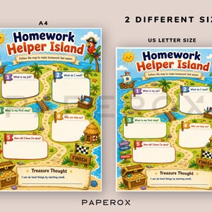 Pu&ograve; includere: Due grafici stampabili Homework Helper Island in formato A4 e US Letter. Le mappe colorate a tema pirata presentano cinque passaggi numerati con spazi vuoti per scrivere, un forziere, un sole, un pappagallo e il testo Homework Helper Island.