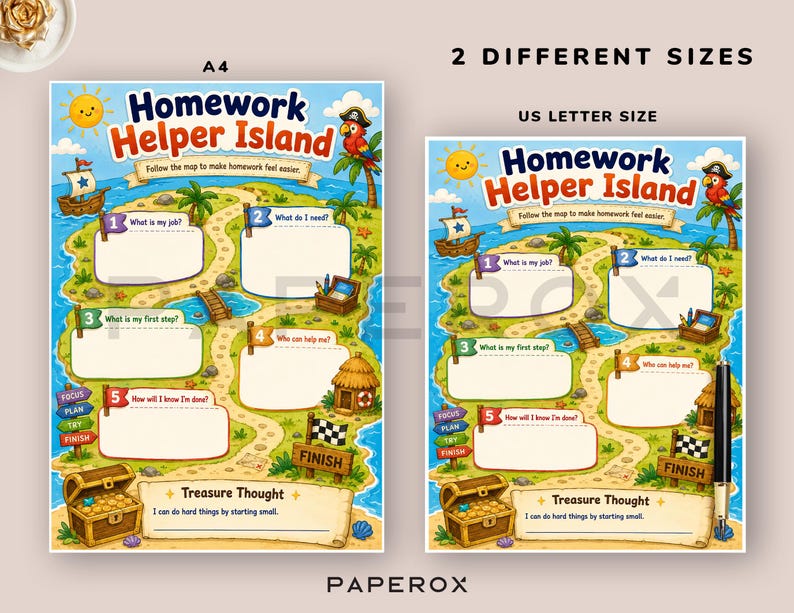 Pu&ograve; includere: Due grafici stampabili Homework Helper Island in formato A4 e US Letter. Le mappe colorate a tema pirata presentano cinque passaggi numerati con spazi vuoti per scrivere, un forziere, un sole, un pappagallo e il testo Homework Helper Island.