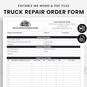 Può includere: Un modello di modulo di ordine di riparazione di camion in bianco e nero con un'icona di camion nell'angolo in alto a sinistra. Il modulo include campi per le informazioni del cliente, le informazioni sul veicolo, i dettagli della riparazione e una tabella di servizio.