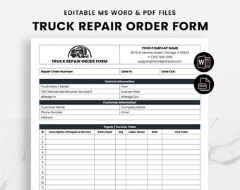 May include: A black and white truck repair order form template with a truck icon in the top left corner. The form includes fields for customer information, vehicle information, repair details, and a service table.