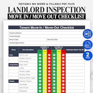 Tenant Move In Move Out Checklist Template • Editable Rental Inspection Form • Printable PDF & Word Fillable Landlord Property Condition Log