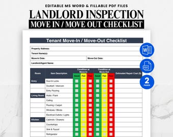 Tenant Move In Move Out Checklist Template • Editable Rental Inspection Form • Printable PDF & Word Fillable Landlord Property Condition Log