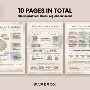 May include: Three educational posters detailing brain functions, nervous systems, and memory. The posters are titled "10 PAGES IN TOTAL" and "Clean, practical stress-regulation toolkit." A pen is placed on the right-hand poster. Measurements are not applicable.