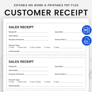 Printable Receipt Template – Editable Word Sales Receipt - Money or Rent Receipt, Printable Receipt, Cash Receipt, Small Business Receipt
