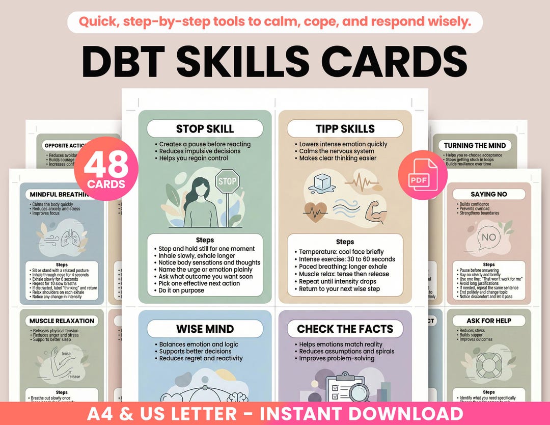 DBT Skills Cards Printable, DBT Flashcards, Dialectical Behavior