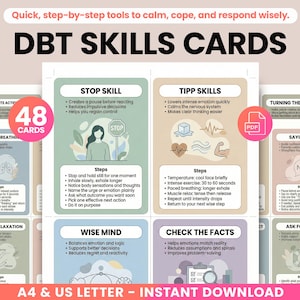 May include: A set of DBT Skills Cards with the text "DBT SKILLS CARDS". The cards are in various colors and feature different skills such as "Stop Skill" and "TIPP Skills". The cards are labeled "48 Cards" and "Instant Download".