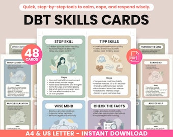 DBT Skills Cards Printable, DBT Flashcards, Dialectical Behavior Therapy Coping Skills, DBT Cheat Sheet Cards, Therapy Tools Pdf