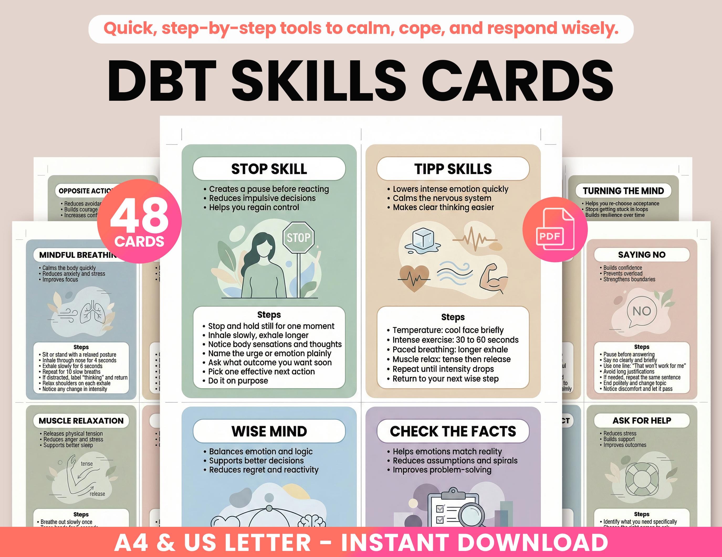 DBT Skills Cards Printable, DBT Flashcards, Dialectical Behavior ...