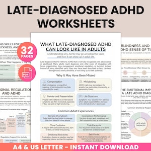 Könnte beinhalten: Digitale Arbeitsblätter mit dem Titel "Spät diagnostiziertes ADHS Arbeitsblätter". Die Seiten behandeln Bewältigungsstrategien, emotionale Regulierung und häufige Erfahrungen von Erwachsenen. Verfügbar in A4 und US Letter.