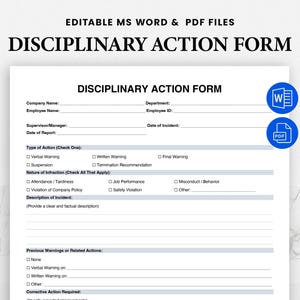 Disciplinary Action Form Template - Employee Write-Up Form - HR Warning Notice - Editable Word & Fillable PDF - Instant Download
