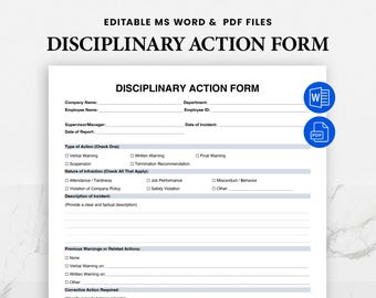 Plantilla de formulario de acción disciplinaria - Formulario de denuncia del empleado - Aviso de advertencia de RR. HH. - Word editable y PDF rellenable - Descarga instantánea