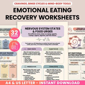 May include: A collection of printable worksheets titled "Emotional Eating Recovery Worksheets" with the text "Cravings, Binge Cycles & Mind-Body Tools." The worksheets cover topics like nervous system states, food urges, and emotional eating snapshots. Includes 32 pages and is available in A4 & US Letter formats.