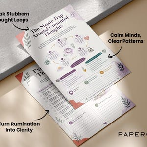 May include: Two white paper worksheets with purple and coral accents, titled The Shame Trap Around Unwanted Thoughts and I've Got This. The pages feature diagrams, text, and fillable lines for self-reflection, decorated with small botanical leaf illustrations.