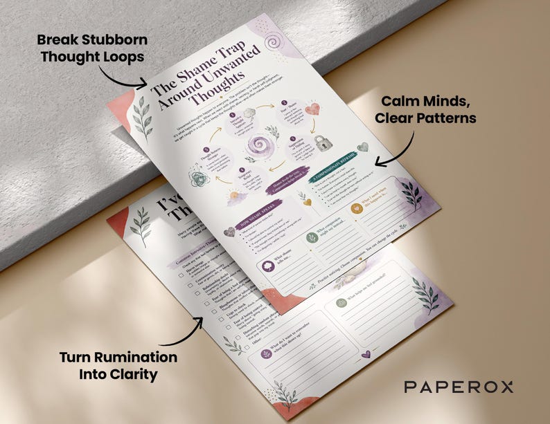 May include: Two white paper worksheets with purple and coral accents, titled The Shame Trap Around Unwanted Thoughts and I've Got This. The pages feature diagrams, text, and fillable lines for self-reflection, decorated with small botanical leaf illustrations.
