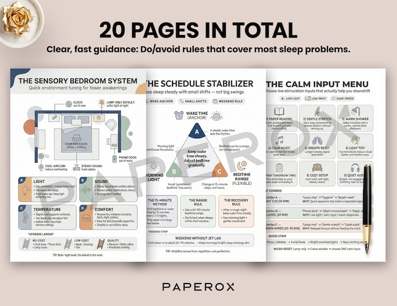 Pode incluir: Uma infografia detalhada com o texto "20 PAGES IN TOTAL" e "Clear, fast guidance: Do/avoid rules that cover most sleep problems." A infografia abrange t&oacute;picos como sistemas de quarto, estabilizadores de hor&aacute;rio e menus de entrada calmos. Uma caneta e uma flor decorativa tamb&eacute;m s&atilde;o vis&iacute;veis.
