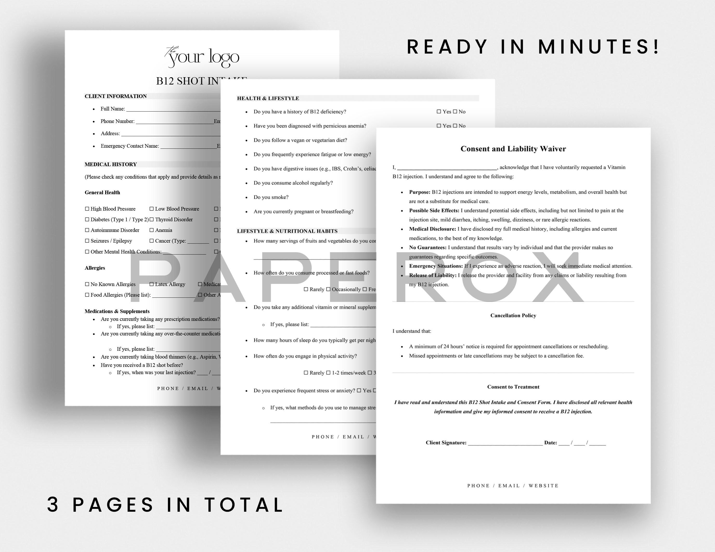 b12 injection waiver B12 Shot Client Intake Form - Vitamin Injection Client Waiver - Consent  Form Template - Liability Waiver Form - Editable PDF Word