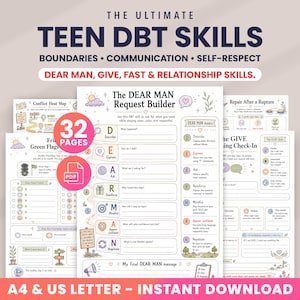 May include: A collection of printable worksheets titled The Ultimate Teen DBT Skills, featuring sections on boundaries, communication, and self-respect. The pages include The DEAR MAN Request Builder, Conflict Heat Map, and Repair After a Rupture.