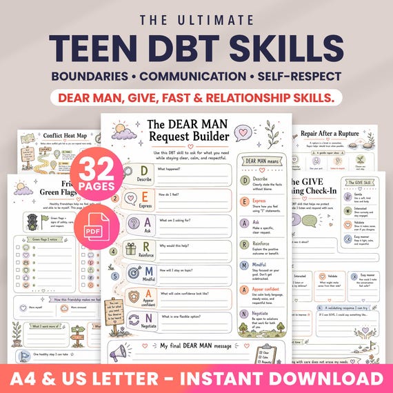 Teen DBT Skills Workbook | Boundaries Communication Self-Respect Worksheets | DEAR MAN Give Fast | Teen Therapy
