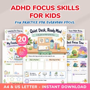 May include: A digital ADHD focus skills workbook for kids featuring 20 pages of colorful, illustrated activity sheets. The pages include titles like Quiet Desk, Ready Mind, My Finished Tasks, and Best Focus Time, with cute characters and prompts.