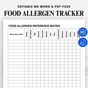 Lebensmittel-Allergenkarten Vorlage | Editierbare Allergen Matrix für Restaurants, Cafes, Küchen | Word & PDF Nahrungsmittelallergie Tracker | HACCP-Merkblatt