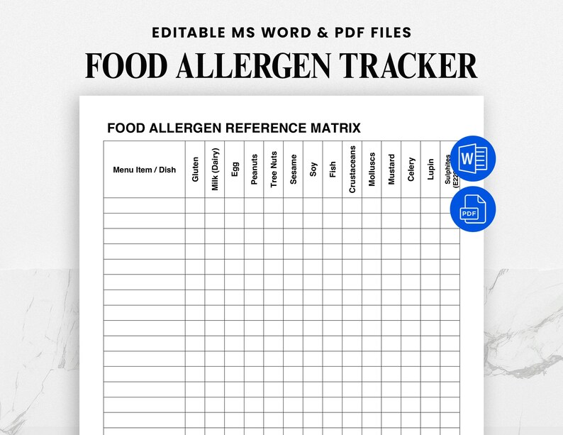 Op de afbeelding: Een wit Food Allergen Tracker-document met de titel "FOOD ALLERGEN TRACKER" in vette zwarte letters. Het document bevat een matrix met kolommen voor verschillende allergenen en een sectie voor menu-items of gerechten. Het document bevat ook de tekst "EDITABLE MS WORD & PDF FILES".