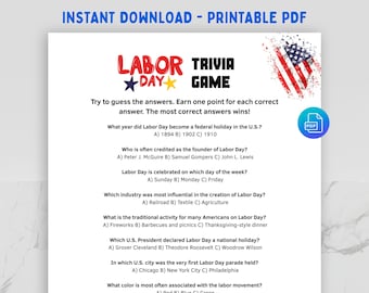 Labor Day Trivia Game, Printable Labor Day Quiz with Answer Key, Fun Holiday Party Game, Classroom & Office Activity - Printable PDF