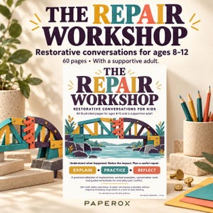 Puede incluir: Libro The Repair Workshop de 60 páginas para edades de 8 a 12 años. La portada presenta una ilustración de un puente, el título y el texto: Explain, Practice, Reflect. Incluye una colección práctica de explicaciones, ejemplos y hojas de trabajo.