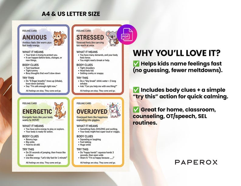 36 Kids Feelings Flash Cards Printable, Emotion Identification + Body ...