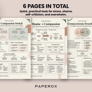 May include: A set of three printable therapy tools with the title "6 PAGES IN TOTAL". The pages include charts and diagrams on topics like "The Compassion Switch" and "Compassionate Boundaries". A black pen with gold accents rests on the right side.