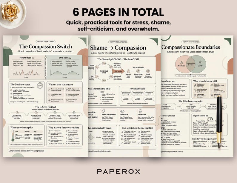 May include: A set of three printable therapy tools with the title "6 PAGES IN TOTAL". The pages include charts and diagrams on topics like "The Compassion Switch" and "Compassionate Boundaries". A black pen with gold accents rests on the right side.