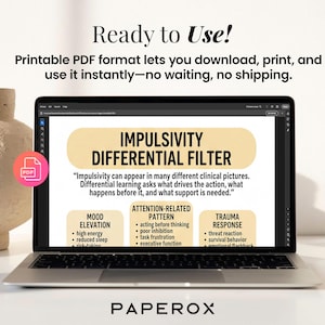 Puede incluir: Una pantalla de port&aacute;til que muestra un documento titulado Impulsivity Differential Filter con texto sobre cuadros cl&iacute;nicos y categor&iacute;as como Mood Elevation, Attention-Related Pattern y Trauma Response, con un icono de PDF.