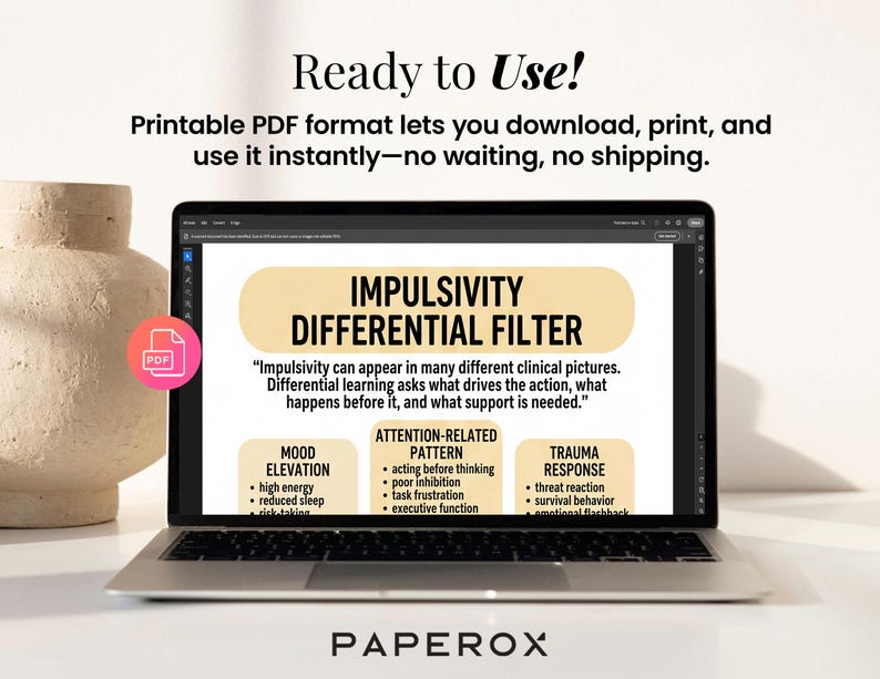 Puede incluir: Una pantalla de port&aacute;til que muestra un documento titulado Impulsivity Differential Filter con texto sobre cuadros cl&iacute;nicos y categor&iacute;as como Mood Elevation, Attention-Related Pattern y Trauma Response, con un icono de PDF.