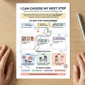 May include: A printed educational chart titled "I Can Choose My Next Step" with colorful illustrations and text. The chart is designed to help children manage worries and make choices. A silver pen rests on the wooden surface.