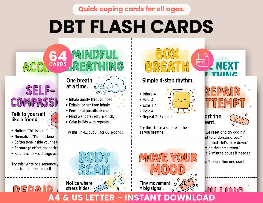 64 DBT Flash Cards Printable, Dialectical Behavior Therapy Coping ...