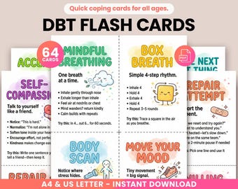 64 DBT Flash Cards Printable, Dialectical Behavior Therapy Coping Skills, Emotion Regulation & Distress Tolerance, BPD PTSD School Counselor