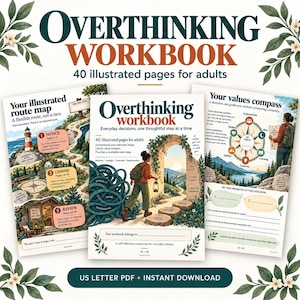 May include: An Overthinking Workbook with 40 illustrated pages for adults, featuring three page layouts. The cover shows a person walking toward a stone archway. Interior pages display a route map with a lighthouse and a values compass diagram.