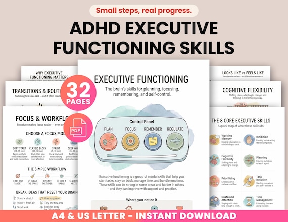 ADHD Executive Functioning Skills Strategies Psychoeducation Worksheets, ADHD Focus & Time Management Toolkit, Therapy Resource