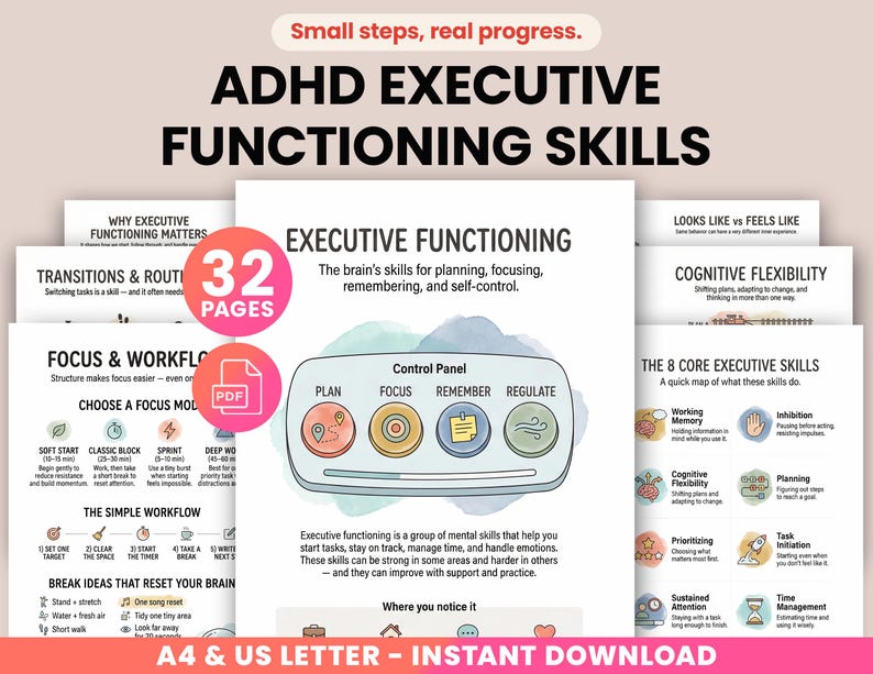 May include: ADHD Executive Functioning Skills guide with 32 pages, available for instant download. The guide covers topics like planning, focus, and cognitive flexibility, with a simple workflow and ideas to reset the brain.