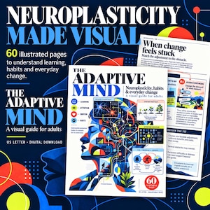 Puede incluir: The Adaptive Mind es una guía visual de 60 páginas para adultos sobre neuroplasticidad, hábitos y cambio. La portada presenta un perfil estilizado de una cabeza humana con ilustraciones de redes neuronales, diagramas y texto sobre fondo azul.