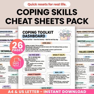 Puede incluir: Un paquete de hojas de trucos de habilidades de afrontamiento con el título "COPING SKILLS CHEAT SHEETS PACK". Las hojas incluyen el "COPING TOOLKIT DASHBOARD" y otras herramientas. El paquete incluye 26 páginas y está disponible para descarga instantánea.