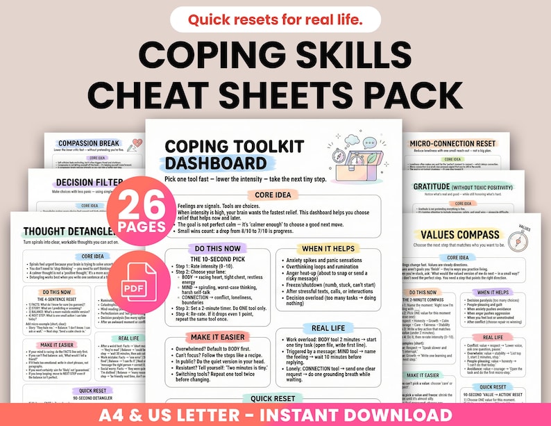 May include: A pack of coping skills cheat sheets with the title "COPING SKILLS CHEAT SHEETS PACK". The sheets include the "COPING TOOLKIT DASHBOARD" and other tools. The pack includes 26 pages and is available for instant download.