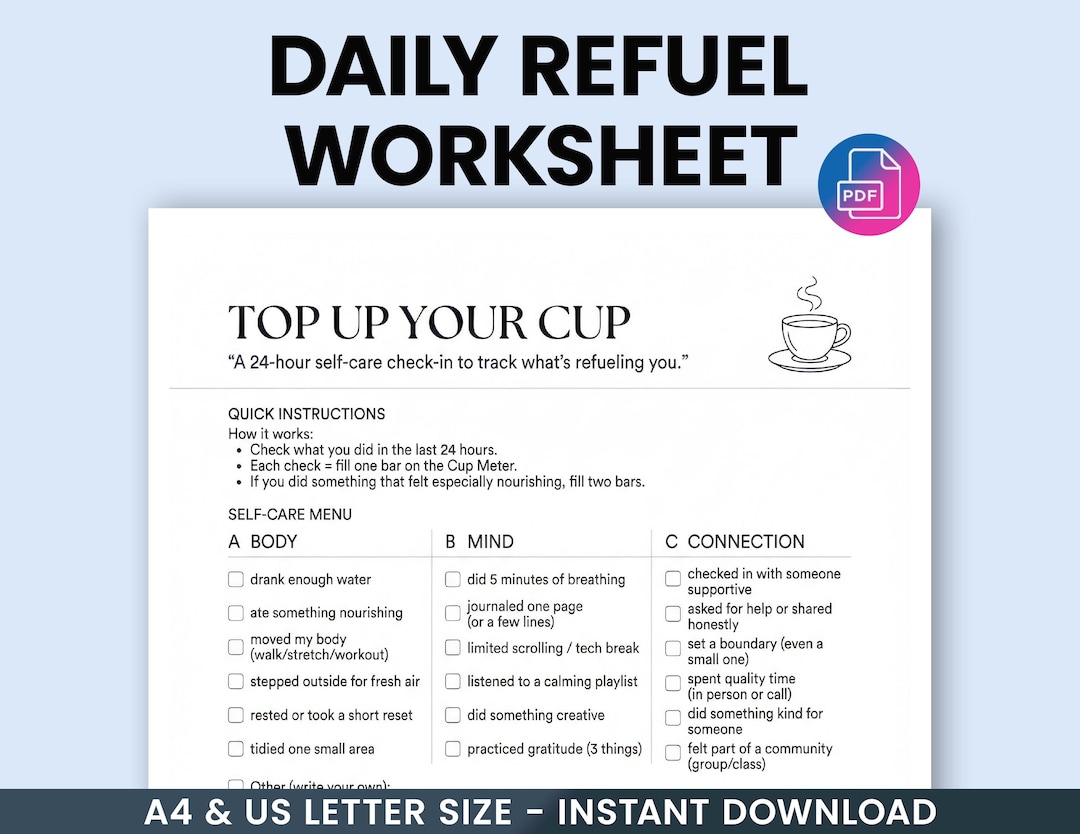 Recharge Tracker Refill Your Cup Therapy Worksheet, Self Care Check In, Daily Recharge ...