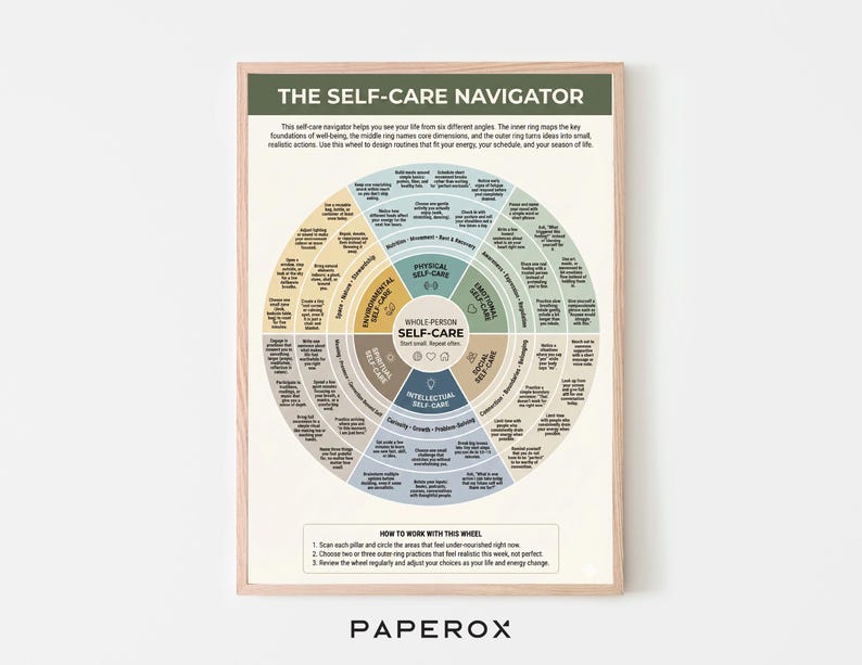 May include: A framed print titled "THE SELF-CARE NAVIGATOR." The print features a circular diagram with sections labeled "Physical Self-Care," "Emotional Self-Care," and more. The diagram is in shades of blue, green, and beige, with text instructions at the bottom.