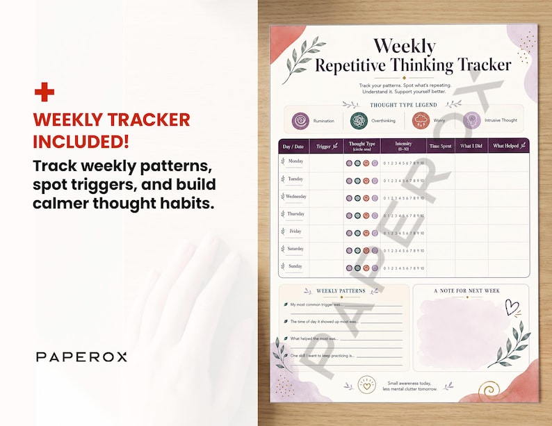 May include: A Weekly Repetitive Thinking Tracker printable sheet featuring a table for tracking daily triggers, thought types, intensity, time spent, and coping strategies, with sections for weekly patterns and notes, decorated with watercolor accents.