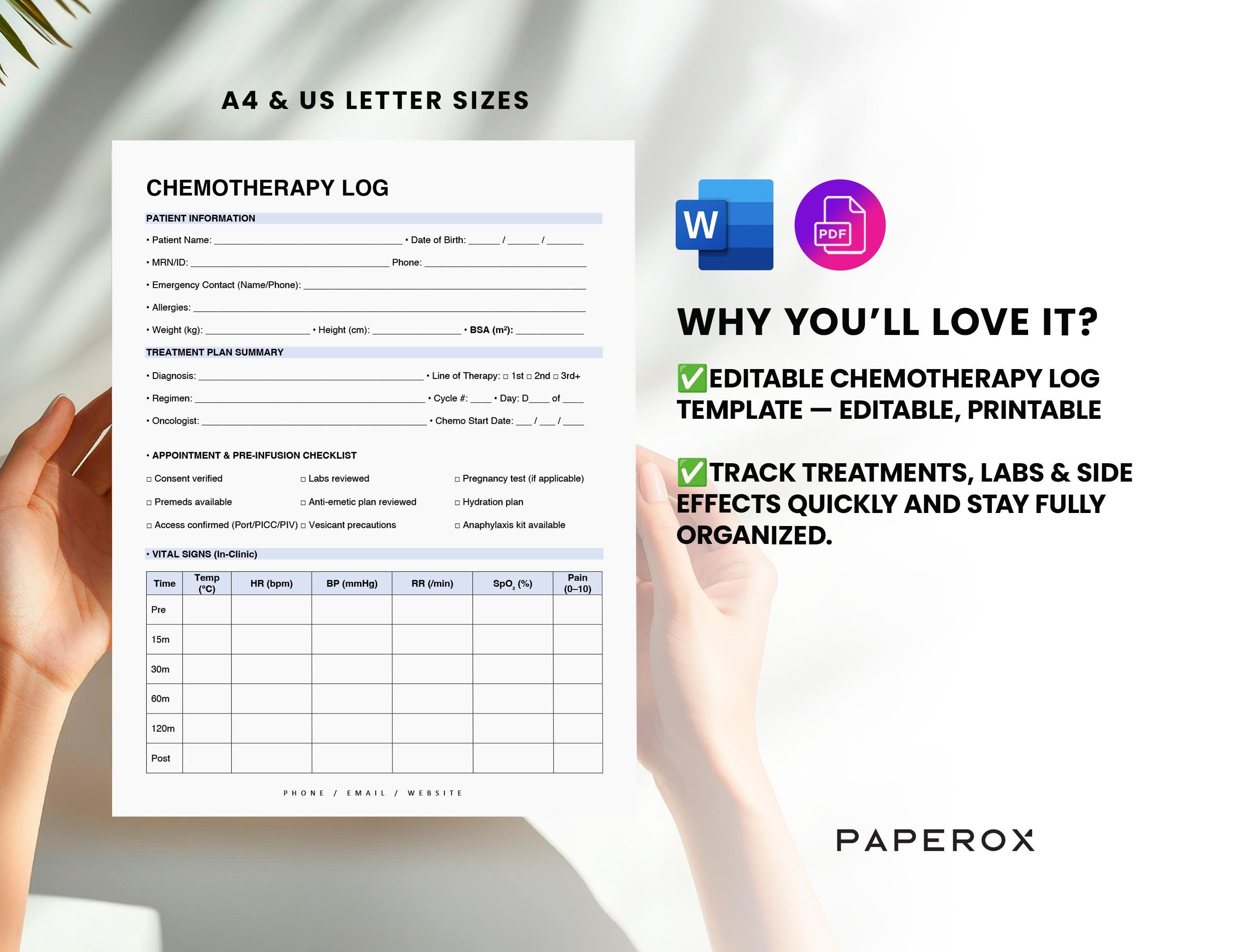 Chemotherapy Log Template - Printable Oncology Treatment Form, Infusion ...