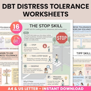 Peut inclure: Ensemble de fiches de travail sur la tolérance à la détresse DBT. L'image présente la compétence STOP, les compétences TIPP et d'autres stratégies pour gérer la détresse. Le texte "A4 & US LETTER - INSTANT DOWNLOAD" est visible.