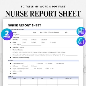 Editable Nurse Report Sheet ICU Med Surg, Nursing Brain Sheet for RN & New Grad, Patient Report with Meds, Printable PDF - Word Template