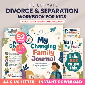 May include: A digital workbook titled The Ultimate Divorce & Separation Workbook for Kids, featuring a 52-page PDF journal. The cover displays the text My Changing Family Journal, a compass, a paper airplane, and an illustration of a child with a backpack.