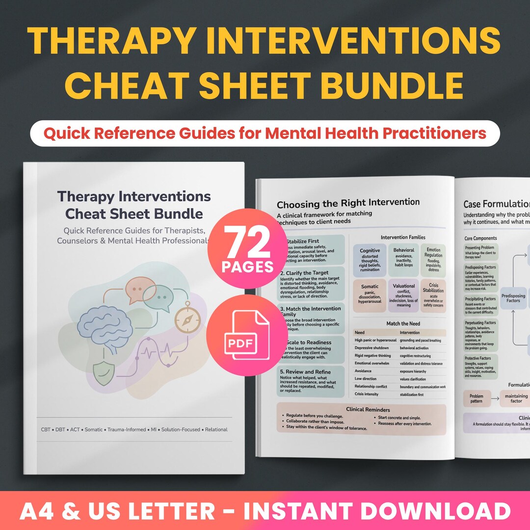 Therapy Interventions Cheat Sheet Mega Bundle (72 Pages), CBT DBT ACT ...