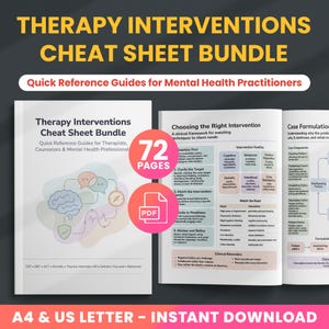 May include: A bundle of therapy intervention cheat sheets for mental health practitioners. The cover features the title and a graphic of a brain and a compass. The bundle includes 72 pages and is available as an instant download in A4 and US Letter sizes.